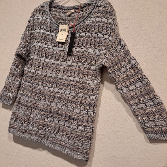 LUCKY BRAND Sweater Women's Crochet 3/4 Sleeve Metallic Open Knit Gray Sz M NWT - Picture 6 of 12